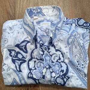 Brioni Medium Short Sleeve Button Down in White with Blue Floral Pattern